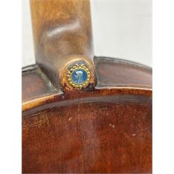 19th century violin, the button inset with an enamelled portrait, possibly the Madonna, the wooden pegs inset with mother of pearl length of back 37cm