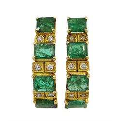 Pair of 17ct gold emerald and diamond half hoop earrings 