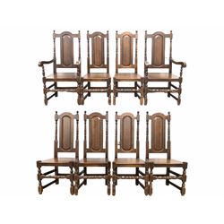 Set of eight (6+2) 18th century style oak high back dining chairs, the panelled back enclosed by turned uprights, raised on block and turned supports united by a turned stretcher W49cm