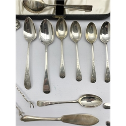 Set of six Edwardian silver tea spoons with decorative finial Sheffield 1905, cased, three piece christening set Sheffield 1958 in original Viners box, various part sets of tea spoons and five serviette rings 