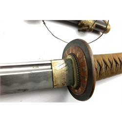 World War II Japanese Naval sword with curved blade and starburst tsuba, cotton wrapped shagreen hilt with floral menuki with ray skin scabbard, blade length 67cm