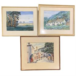 Dorothy Cogswell (British 20th century): Donkeys and Figures, watercolour signed and dated 1945; English School (20th century): Countryside Landscape, watercolour unsigned; English School (20th century): Cottage Scene, watercolour indistinctly signed max 28cm x 36cm (3)