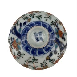 18th century Chinese famille rose Batavian ware bowl and cover H15cm, miniature Chinese imari dish and a Chinese famille rose sleeve vase painted with figures and roses, H18.5cm (3) Provenance: From the Estate of the late Dowager Lady St Oswald