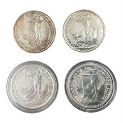 Four Queen Elizabeth II one ounce fine silver Britannia two pound coins, dated three 2017 and 2018 (4)