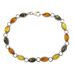 Silver tri-coloured marquise Baltic amber bracelet, stamped 925 