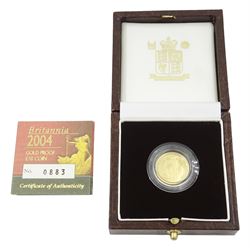 Queen Elizabeth II 2004 gold proof 1/10 ounce Britannia coin, cased with certificate