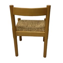 Vico Magistretti for Habitat - set of ten (6+4) beech 'Carimate' dining chairs circa. 1960s, curved back bar over drop-in rush seat, raised on cylindrical supports