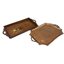 Copper rectangular twin handled tray with engraved decoration, together with inlaid carved wooden tray W64cm