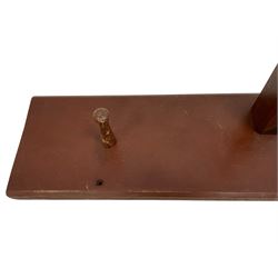 19th century painted pine wall hanging tack or saddle rack, fitted with three projecting rests, turned wooden hook and two wrought metal hooks, on chamfered rectangular mount 