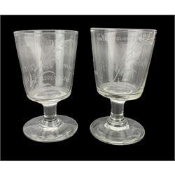 Two early 20th century Boer War commemorative drinking glasses engraved 'Transvaal War Great British Victory Spiones Kop Taken 1900' and 'Three Cheers For General White at Ladysmith 1900', max H11.5cm (2)