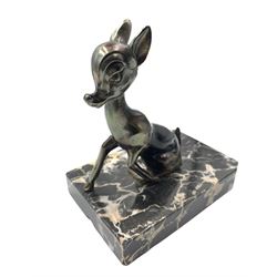 Pair of Art Deco style patinated spelter bookends cast as fawns on marbled bases, H13cm