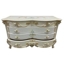 Silik Lo Stile Di Classe - Italian classical or baroque style ivory painted serpentine chest, shaped top over four serpentine drawers with scrolled decoration and moulded handles, flanked by ionic style column uprights, foliate and scrolling apron with central cartouche, raised on cabriole supports