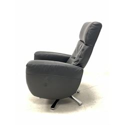 Contemporary swivel reclining armchair, upholstered in slate grey leather, raised on a chrome swivel base W75cm
