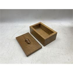 'Mouseman' rectangular box and cover with carved mouse signature, by Robert Thompson of Kilburn, W19cm x H11cm