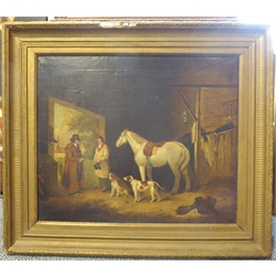  Circle of George Moreland (British 1763-1804): Dogs and Horses in a Stable, oleograph 50cm x 60cm  