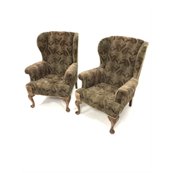 Pair of Queen Anne style wing back upholstered armchairs, raised on shell carved walnut cabriole front supports, W79cm
