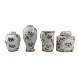 Three peices of 19th century porcelain, possibly Samson of Paris, including a tall mug tankard, decorated with floral sprays and bianco-sopra-bianco enamel, H12cm, and two similarly decorated small armorial vases, together with a 20th century Limoges tea caddy (4)