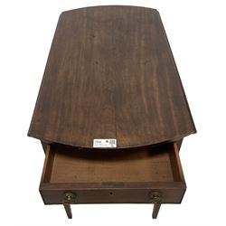 George III mahogany Pembroke table, circular drop-leaf top, fitted with single drawer, on square tapering supports