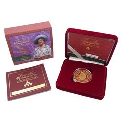 Queen Elizabeth II 2000 gold proof five pound coin, 'Queen Elizabeth The Queen Mother Centenary Year Gold Centenary Crown', cased with certificate