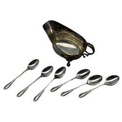 Silver sauce boat with 'C' scroll handle London 1938 Maker Edward Barnard & Sons and a set of six silver teaspoons with spear finials Sheffield 1912 8.6oz