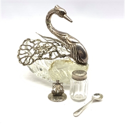 Swan salt with pierced silver hinged wings and neck, import marks and three other items