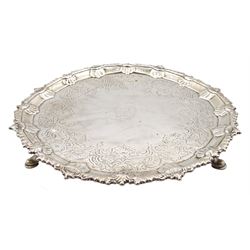 George III silver small salver with engraved decoration and shell moulded border on shaped supports D23cm London 1762 Maker Ebenezer Coker 13oz  Provenance:  3rd Earl of Feversham