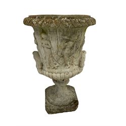Pair reconstituted stone garden Medici style urn planters, flared foliate moulded rim over body decorated with classical figures dancing and playing pan pipes, raised on fluted socle with gadroon decoration and square canted base; (2)