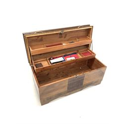 20th century walnut storage box, the hinged lid revealing interior fitted with two cantilevered shelves 