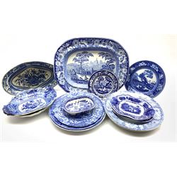 Collection of 19th century blue and white transfer printed wares, to include 'Wild Rose' pattern meat plate and tureen stand, two Copeland Spode Italian plates, Audley End pattern plate, Davenport Wild Rose plate and other blue and white 