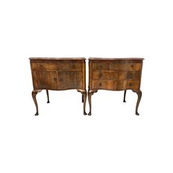 Two early 20th century walnut serpentine chests, one fitted with three drawers and one with one drawer over one cupboard W69cm, D49cm, H 75cm