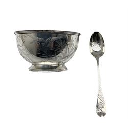 Victorian silver christening bowl engraved with a stork, leaves and monogram dated 'Dec 5th 1881' D11cm and matching spoon London 1882 Maker Elkington & Co (Frederick Elkington) 5.7oz (2)