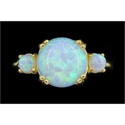 Silver-gilt three stone opal ring, stamped 925