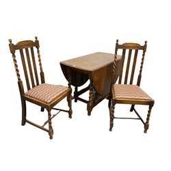 Early 20th century oak drop leaf table, the oval top raised on spiral turned supports with gate leg action, (W107cm) together with a set of six stained beech dining chairs, with moulded slat and spiral turned back over drop in upholstered seat pads, raised on spiral turned supports with stretchers W45cm