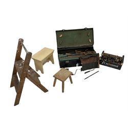 Wooden tool chest, including various tools, paint ladders, stools and collection of door knobs 