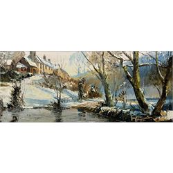 Harley Crossley (British 1936-2013): 'Tarr Steps' Winter River Landscape, oil on board signed and dated 1980, labelled verso 29cm x 70cm