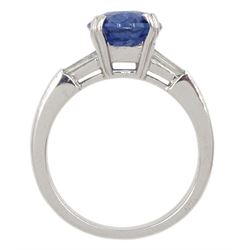 18ct white gold oval sapphire ring, with tapered baguette diamond shoulders, sapphire approx 4.15 carat