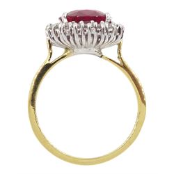 18ct gold oval ruby and round brilliant cut diamond cluster ring, hallmarked, ruby 3.85 carat, total diamond weight approx 0.55 carat, with The Gem & Pearl Laboratory Report
