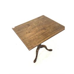 George III mahogany square tilt top occasional table, raised on turned column and triple splay supports 