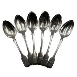 Three Victorian Irish silver fiddle pattern dessert spoons Dublin 1878, another 1859 and two other dessert spoons (6)