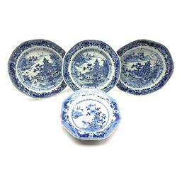Set of three Chinese porcelain blue and white Export ware plates, each with a pagoda and river scene, D23cm together with an 18th century Chinese octagonal bowl decorated with chrysanthemum, foliage and landscape (4)