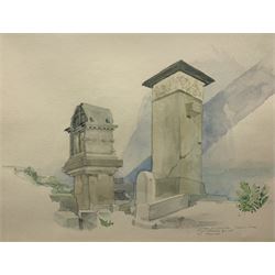Hilmar Udo Fister Gottesthal (Austrian 1942-): 'Xanthus - Liberian Tomb', watercolour signed titled and dated 1982, 28cm x 38cm