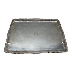 German silver rectangular tray by Heisler engraved with the initial 'R' and with raised border marked '830' 46cm x 34cm 47oz