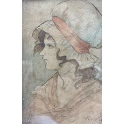 Attrib. Sir Joshua Reynolds (British 1723-1792): 4 watercolour sketches of young women, two signed, framed as one picture, max 14cm x 10cm