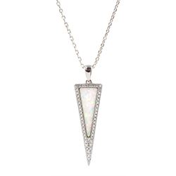 Silver opal and cubic zirconia triangle pendant necklace, stamped 925
