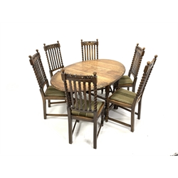 Early 20th century oak gate leg dining table, with oval top raised on spiral turned supports (105cm x 152cm, H73cm) together with a set of six oak dining chairs in a similar style, (W45cm)