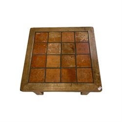 Oak and terracotta tiled coffee table, the square and tiled top raised on square supports together with wicker lamp W84cm, H42cm, D84cm 