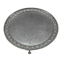 Victorian engraved silver salver with raised border on claw and ball feet D26cm Sheffield 1864 Maker Martin Hall & Co 19oz