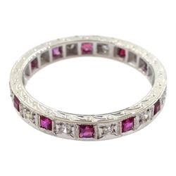 White gold calibre cut ruby and round diamond full eternity ring, with engraved sides, stamped 18ct