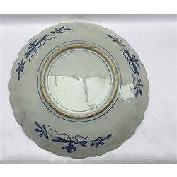 Japanese Meiji Imari porcelain fluted charger, painted in blue and iron-red with flowers, foliage and diaper patterns around a central medallion, D46cm 