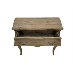 French style pine bombe chest, the moulded edge over two drawers and shaped apron, raised on square tapering supports W110cm, H89cm, D55cm